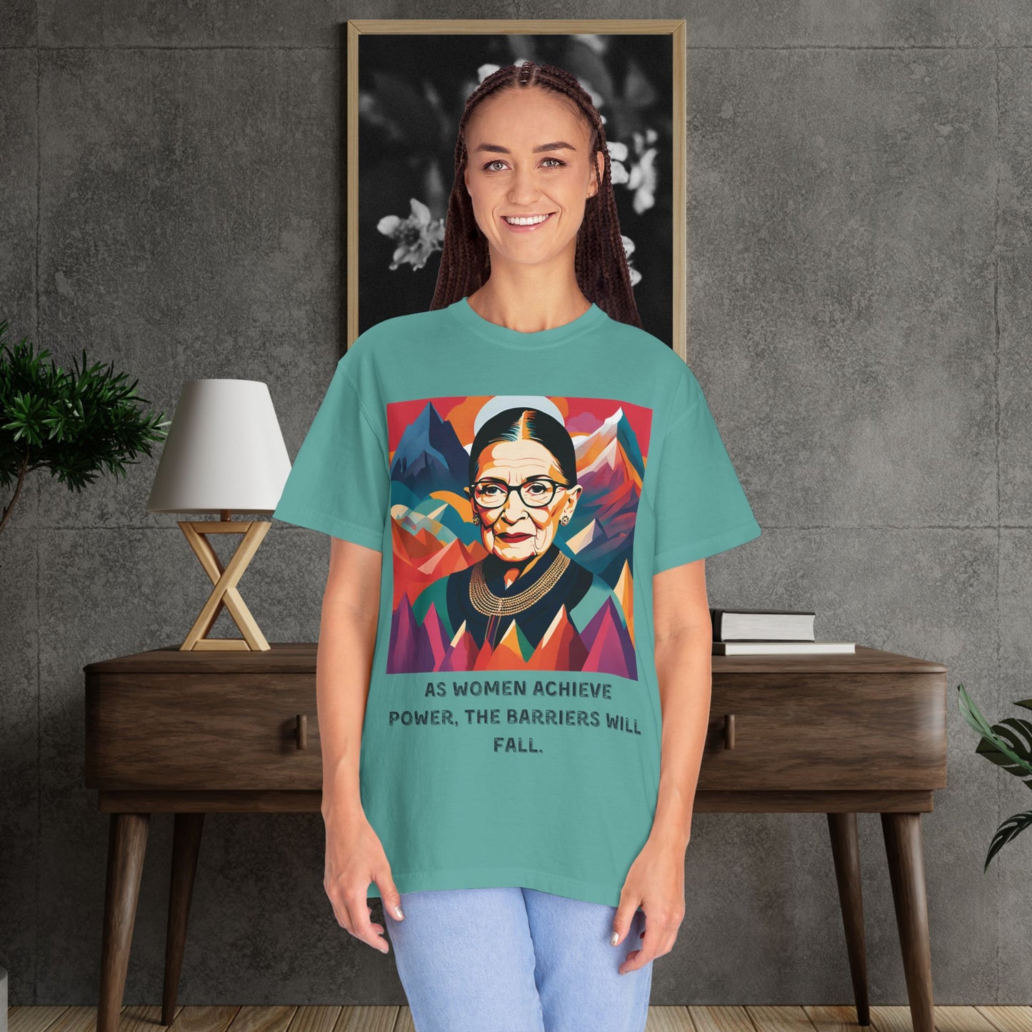 RBG Power & Barriers Quote Tee | Ruth Bader Ginsburg Portrait Shirt | Softstyle Feminist Statement Top