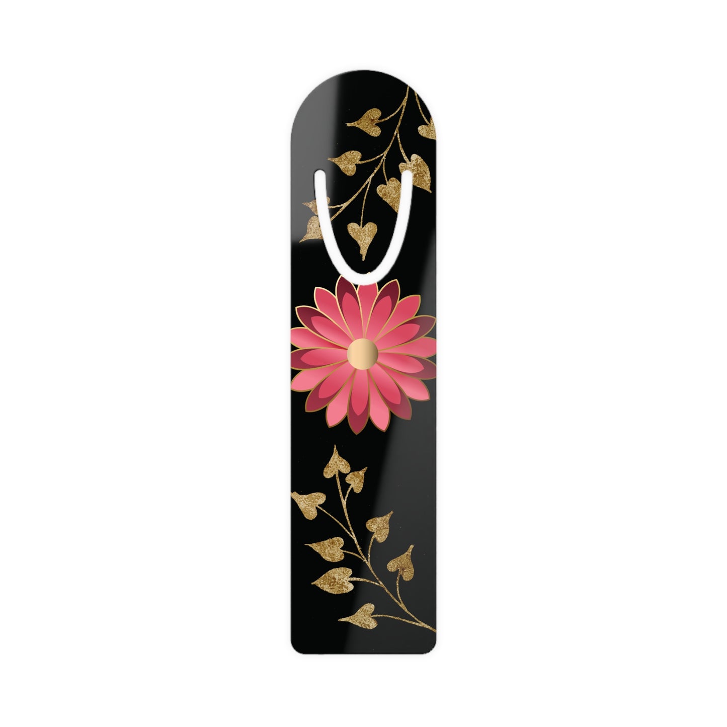 Floral Metal Bookmark – Pink Daisy on Black with Gold Vine Accent