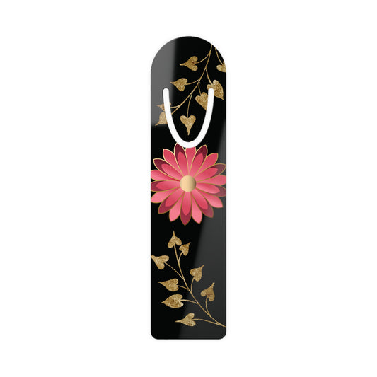 Floral Metal Bookmark – Pink Daisy on Black with Gold Vine Accent